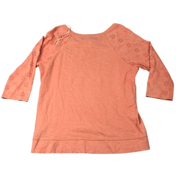 Chaps Denim Womens Blouse Medium Coral 3/4 Sleeve Embroidered Eyelet Floral Boho - Picture 2 of 13
